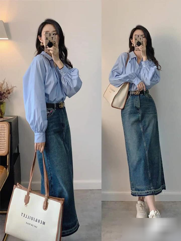 Diện chân váy denim đến công sở - Ảnh 1.