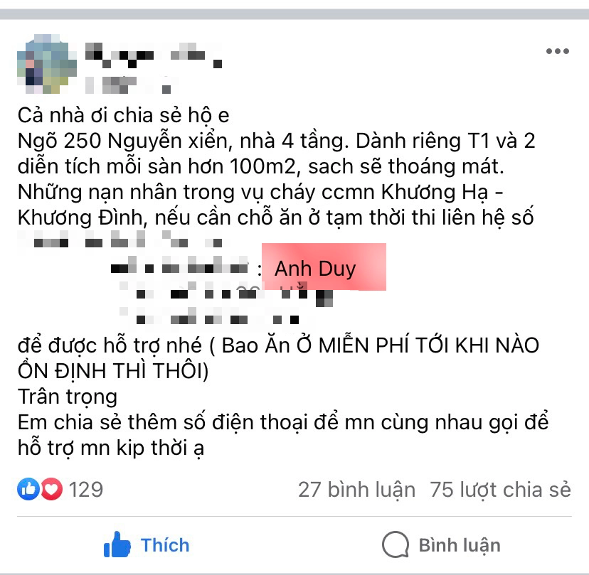 Thông tin giúp đỡ nạn nhân vụ cháy chung cư mini ở Hà Nội bị &quot;sao chép&quot; khiến gia chủ bị làm phiền - Ảnh 1.