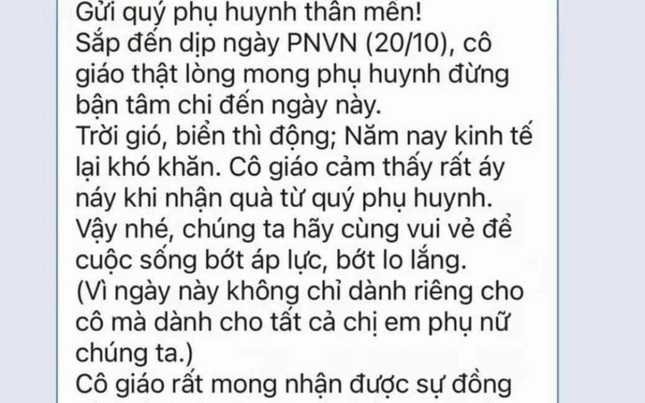 Tin tối 20/10: Xôn xao tin nhắn cô giáo &quot;mong phụ huynh đừng bận tâm&quot; chuyện quà ngày 20/10; đấu giá đất ở tại Hà Đông lên đến 262 triệu đồng/m2