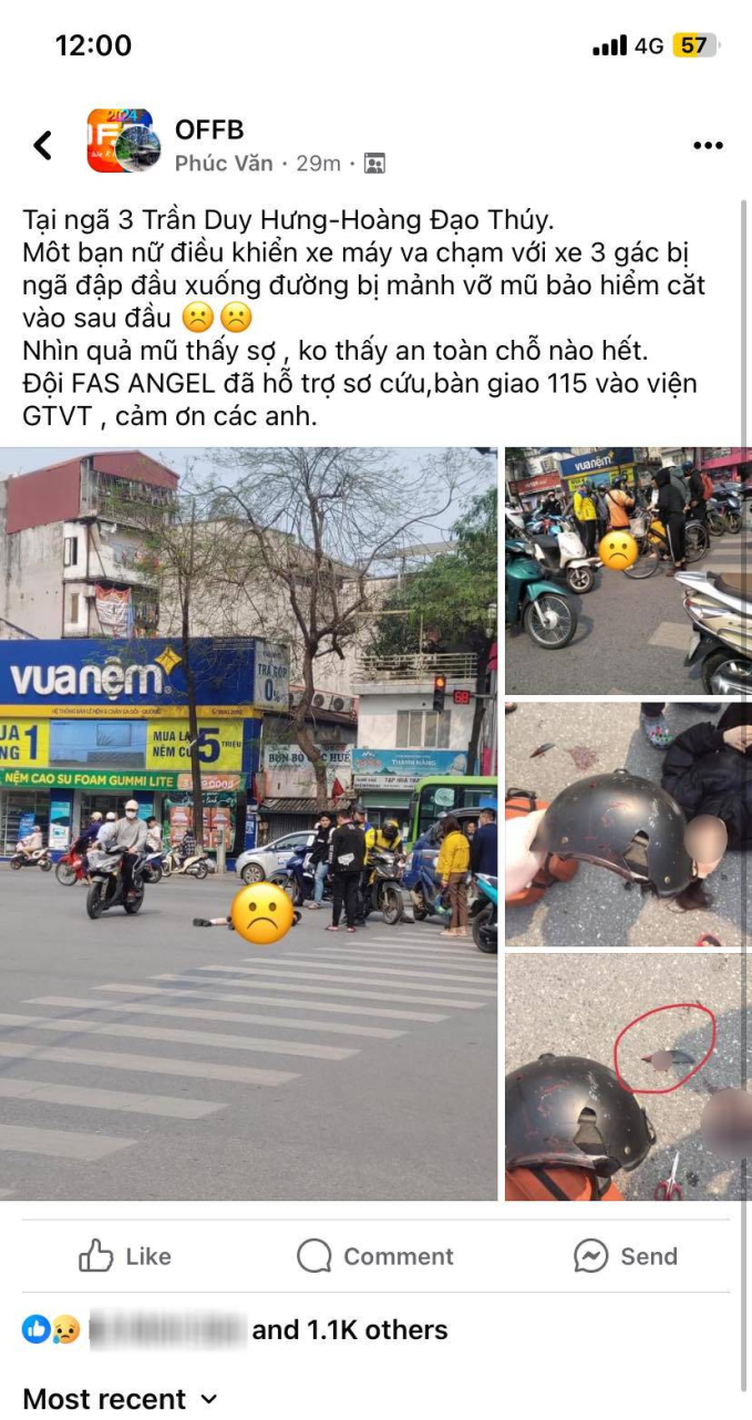 Cô gái ở Hà Nội bị mảnh vỡ của mũ bảo hiểm cắt vào đầu sau va chạm với xe ba gác - Ảnh 1.
