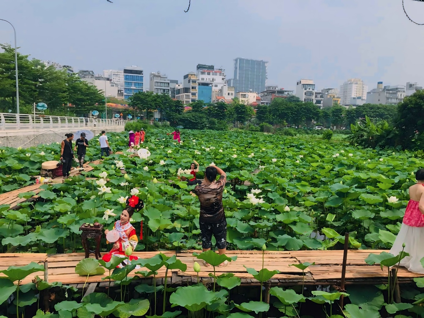 Sen hồ Tây nở rộ, dịch vụ chụp ảnh, trang điểm và thuê trang phục lại rộn ràng - Ảnh 4.