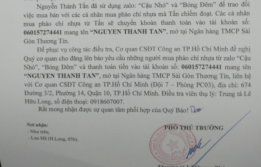 Công an TP HCM tìm người từng mua hàng qua Zalo &quot;Cậu nhỏ&quot;- Ảnh 1.