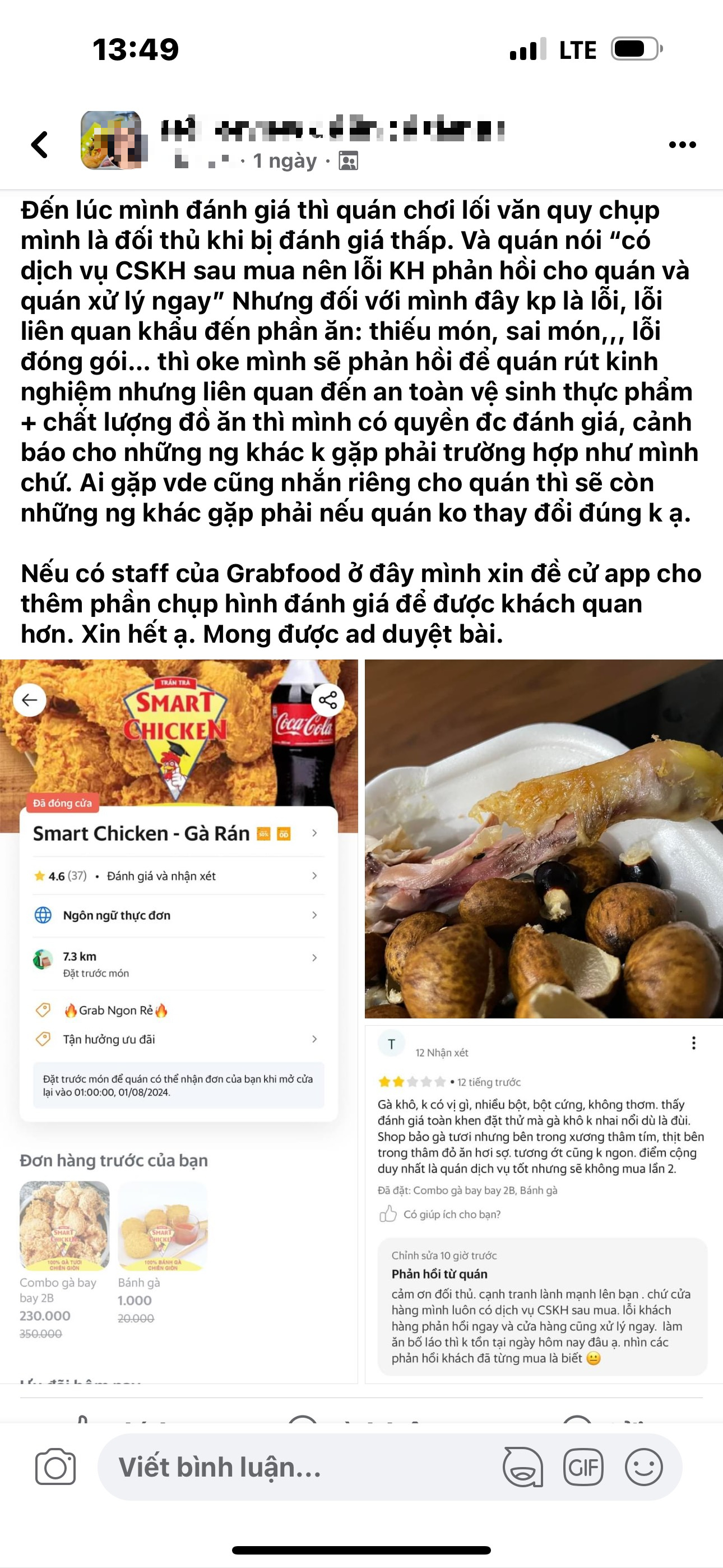 Hà Nội: Phản hồi góp ý về món ăn trên ứng dụng grab đồ ăn, khách hàng bị cho là đối thủ cạnh tranh 'bẩn' của quán- Ảnh 3.