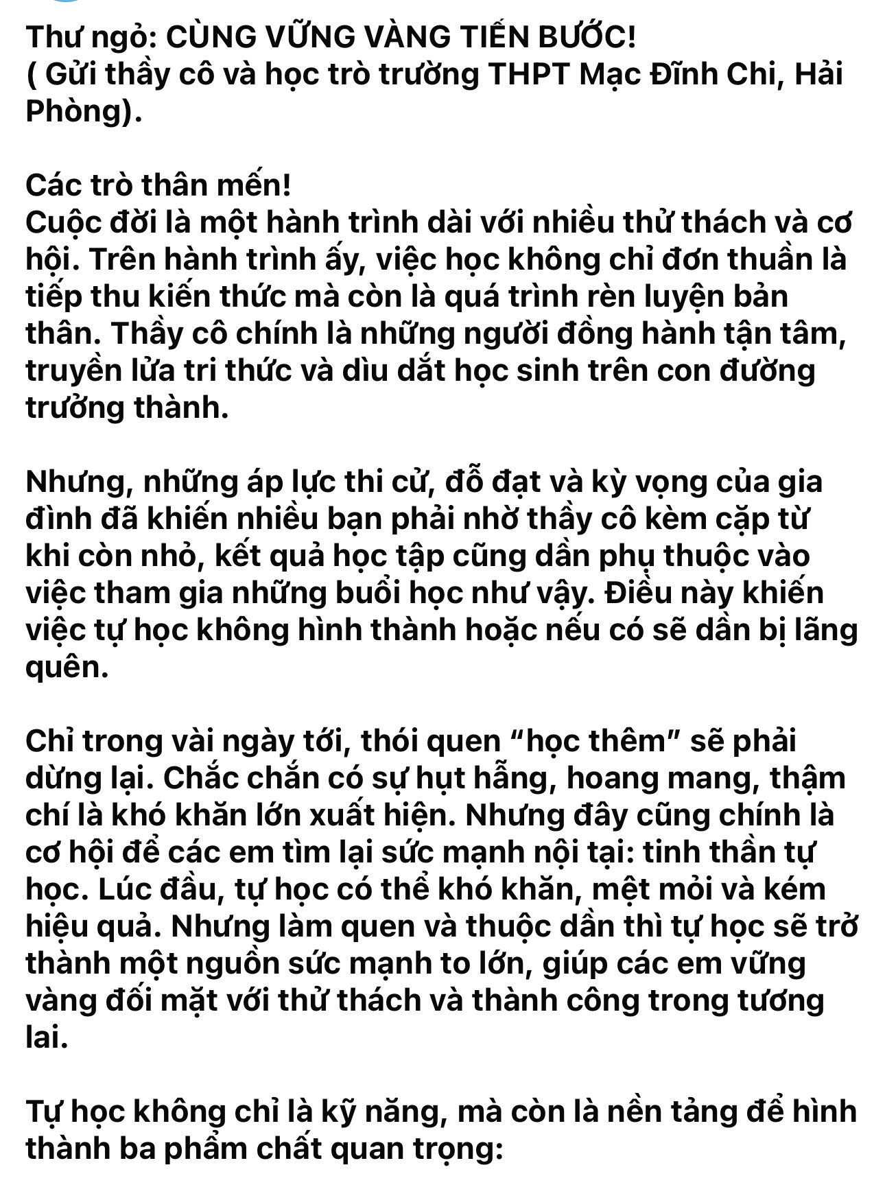 Hiệu trưởng trường THPT Mạc Đĩnh Chi viết thư ngỏ nhận về 'bão like' từ cộng đồng mạng- Ảnh 2.