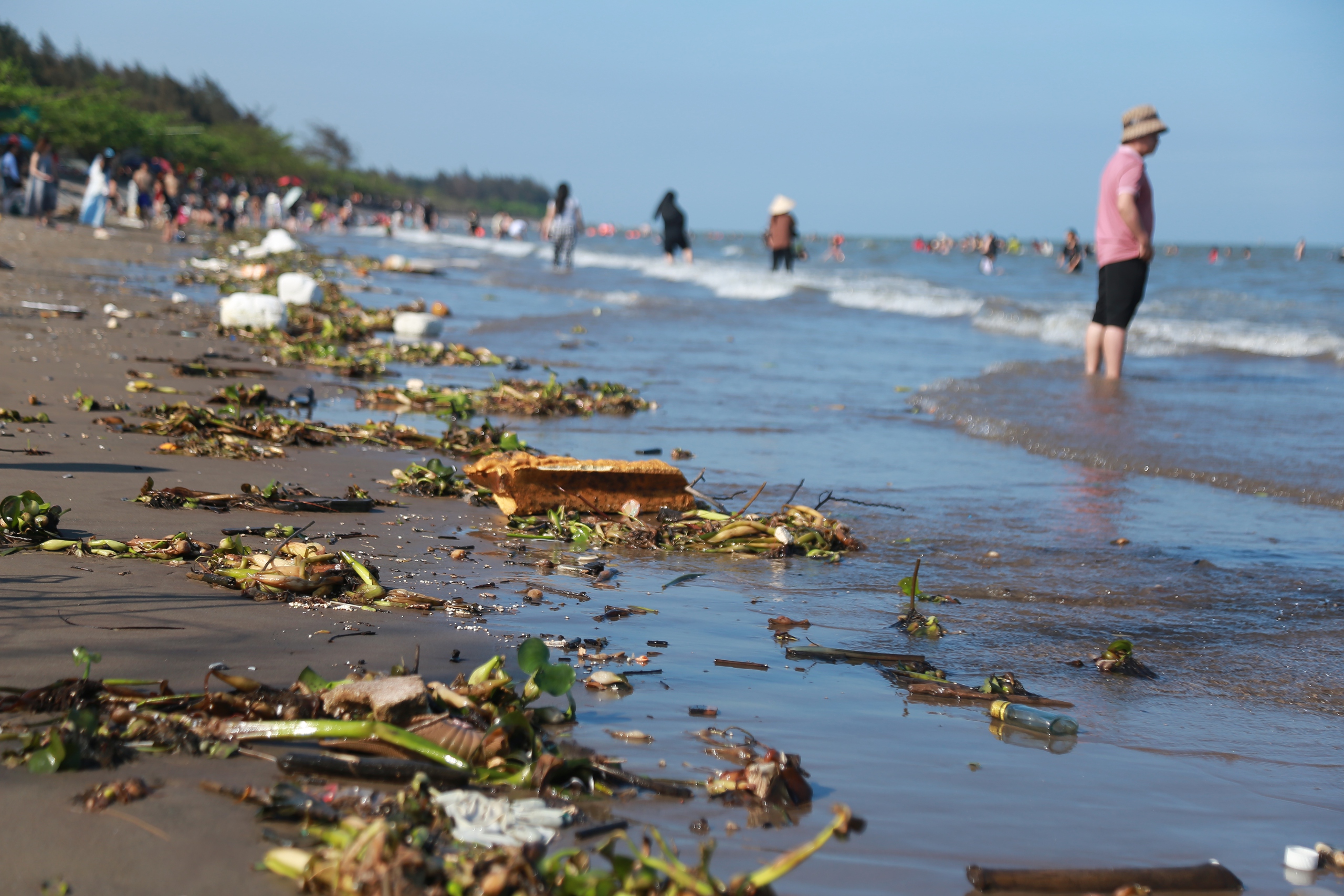 Rác phủ đầy bờ biển Rạng Đông ở Nam Định du khách vẫn vô tư tắm biển- Ảnh 2.