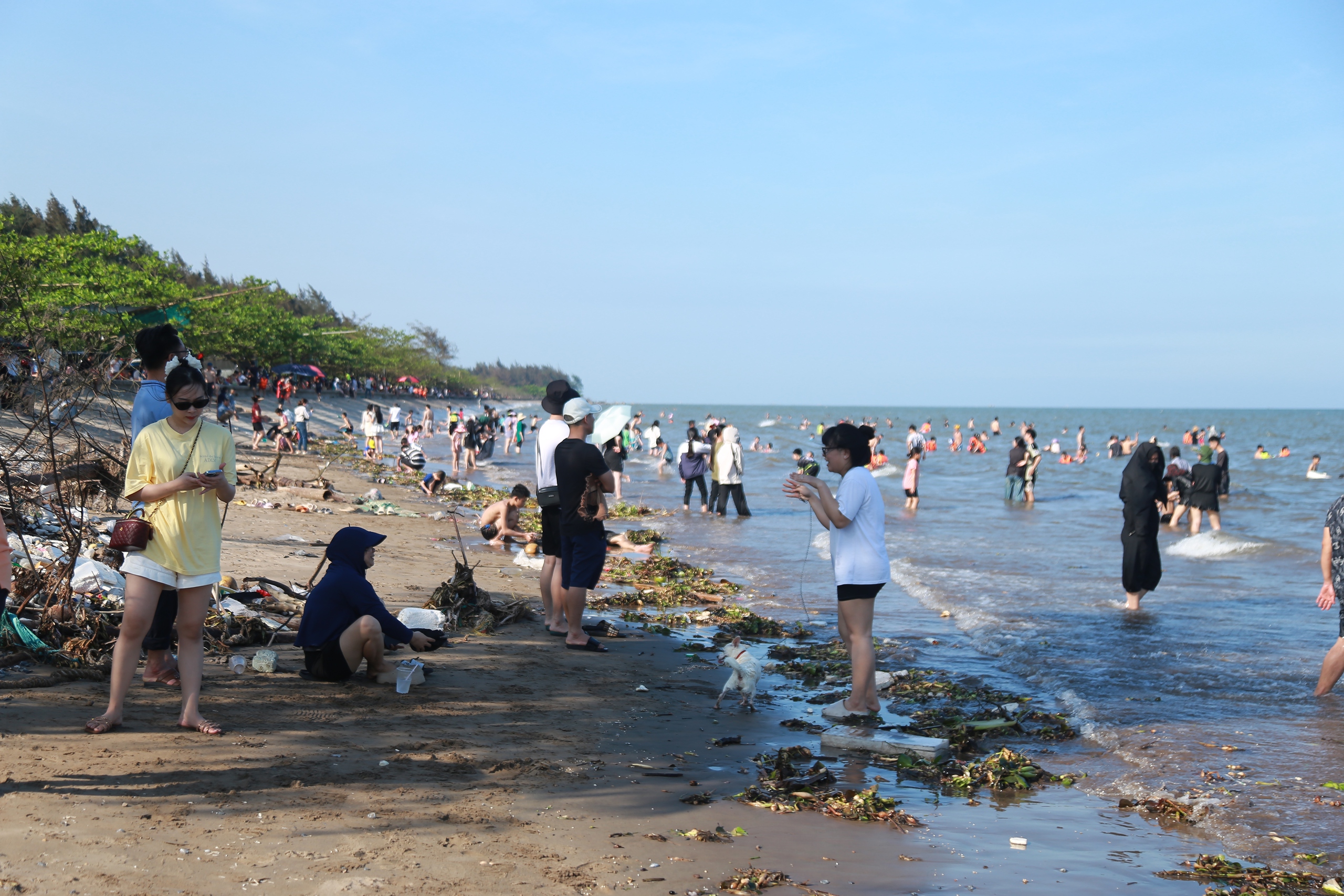 Rác phủ đầy bờ biển Rạng Đông ở Nam Định du khách vẫn vô tư tắm biển- Ảnh 1.