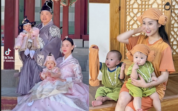 Cặp song sinh nhà Phương Oanh - Shark Bình diện hanbok cùng bố mẹ ở Hàn Quốc