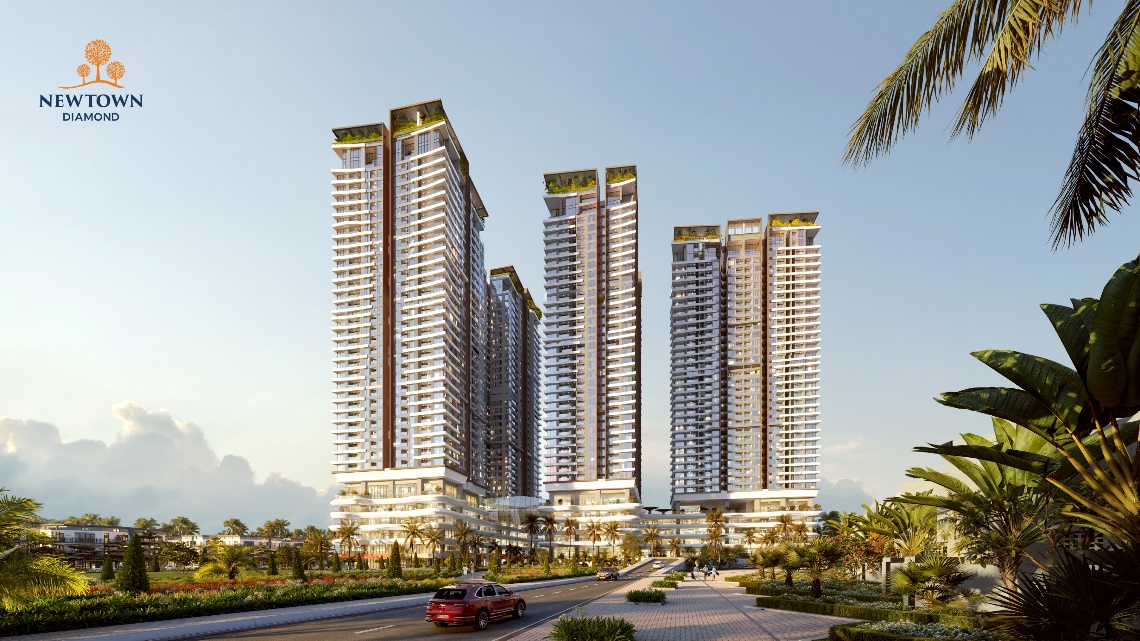 Newtown Diamond: Top 10 Dự án Bất Động Sản Nhà Ở Thương Mại Tiềm Năng Nhất năm 2025- Ảnh 3. A group of tall buildings Description automatically generated
