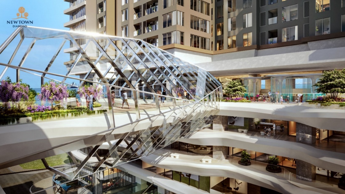 Newtown Diamond –Trải nghiệm không gian ngập tràn sắc xanh trên trục đại lộ kim cương Đà Nẵng- Ảnh 4. A glass walkway over a building Description automatically generated