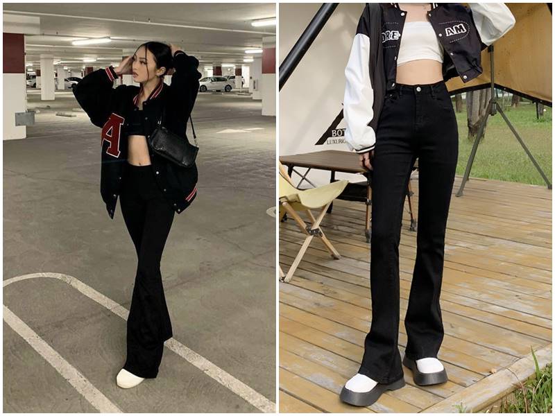 Cara menyelaraskan seluar suar mengikut bentuk badan - Foto 2. Cách phối đồ với quần ống loe theo dáng người - Ảnh 2.