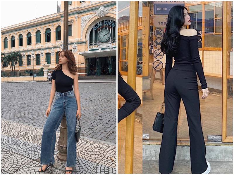 Cara menyelaraskan seluar suar mengikut bentuk badan - Foto 5. Cách phối đồ với quần ống loe theo dáng người - Ảnh 5.