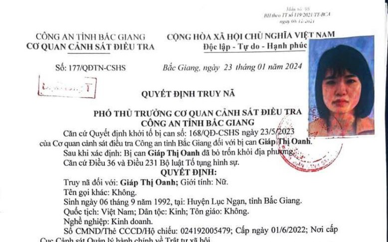 Công An Bắc Ninh Truy Nã Đặc Biệt Nguy Hiểm Đối Tượng Giáp Thị Oanh