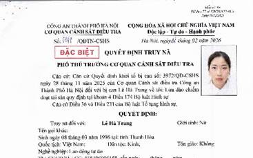 C&ocirc;ng an H&agrave; Nội th&ocirc;ng b&aacute;o truy n&atilde; đối tượng L&ecirc; H&agrave; Trang về tội lừa đảo chiếm đoạt t&agrave;i sản