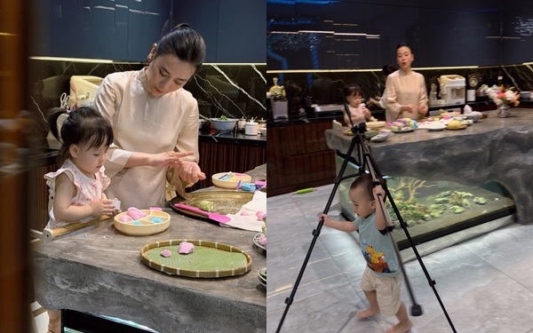 Cặp song sinh nh&agrave; Phương Oanh g&acirc;y cười khi theo mẹ v&agrave;o bếp l&agrave;m b&aacute;nh