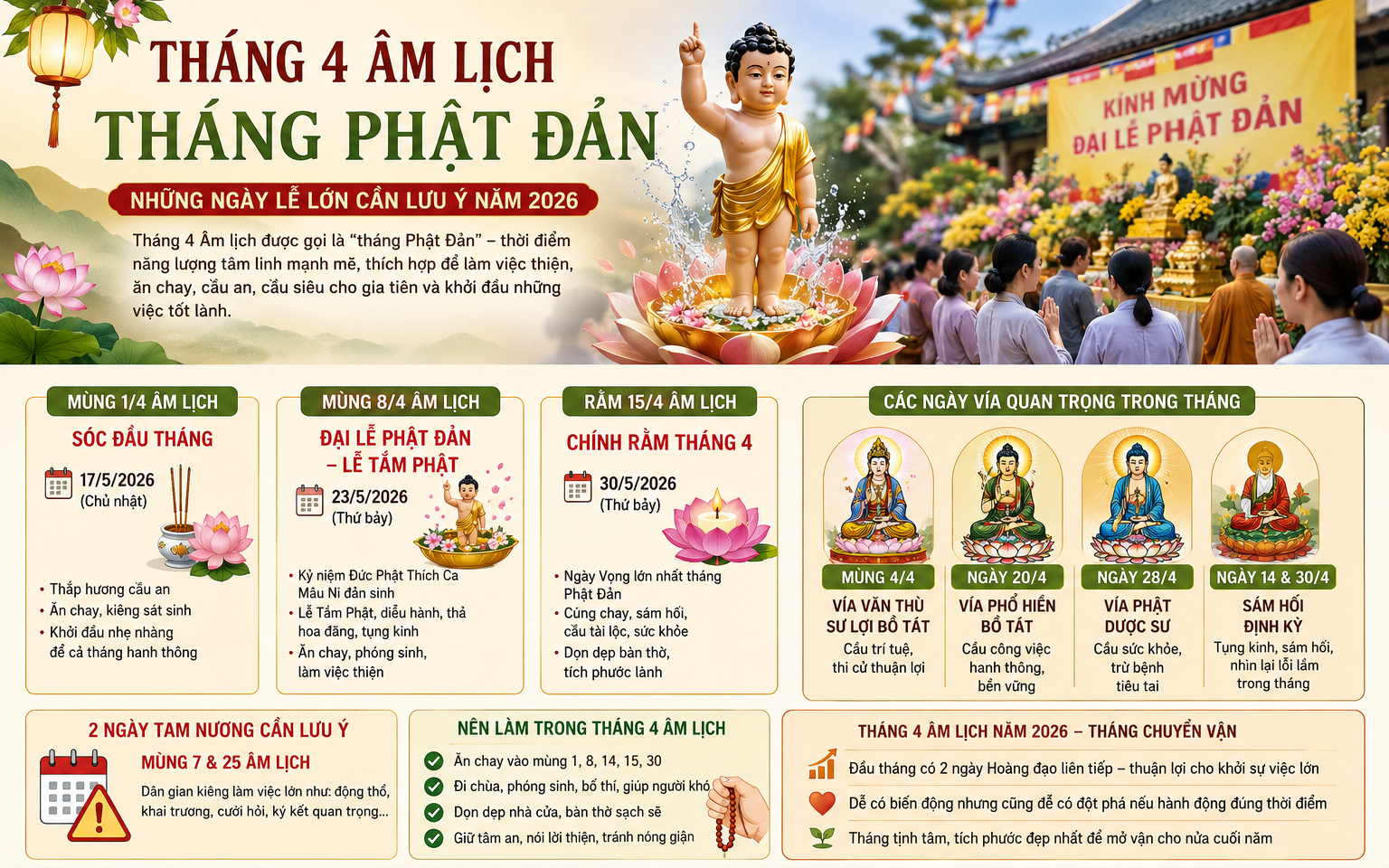 Th&aacute;ng 4 &acirc;m lịch năm 2026 c&oacute; g&igrave; đặc biệt? Nhiều ng&agrave;y tốt hiếm gặp, ai muốn cầu an, cầu t&agrave;i n&ecirc;n lưu &yacute;