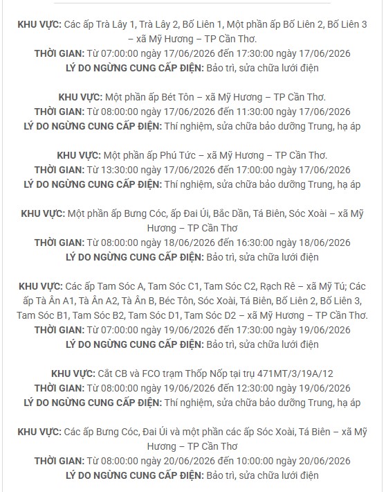 Lịch c&uacute;p điện TP. Cần Thơ (S&oacute;c Trăng cũ) từ ng&agrave;y 17 - 21/6/2026: Khu vực S&oacute;c Trăng, Nhu Gia, Mỹ T&uacute;, C&ugrave; Lao Dung, Vĩnh Ch&acirc;u,&hellip;sẽ nằm trong diện mất điện li&ecirc;n tục - Ảnh 4.