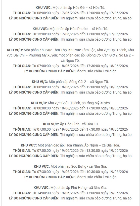 Lịch c&uacute;p điện TP. Cần Thơ (S&oacute;c Trăng cũ) từ ng&agrave;y 17 - 21/6/2026: Khu vực S&oacute;c Trăng, Nhu Gia, Mỹ T&uacute;, C&ugrave; Lao Dung, Vĩnh Ch&acirc;u,&hellip;sẽ nằm trong diện mất điện li&ecirc;n tục - Ảnh 3.