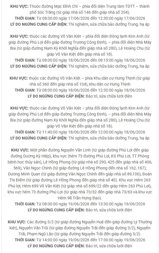 Lịch c&uacute;p điện TP. Cần Thơ (S&oacute;c Trăng cũ) từ ng&agrave;y 17 - 21/6/2026: Khu vực S&oacute;c Trăng, Nhu Gia, Mỹ T&uacute;, C&ugrave; Lao Dung, Vĩnh Ch&acirc;u,&hellip;sẽ nằm trong diện mất điện li&ecirc;n tục - Ảnh 2.