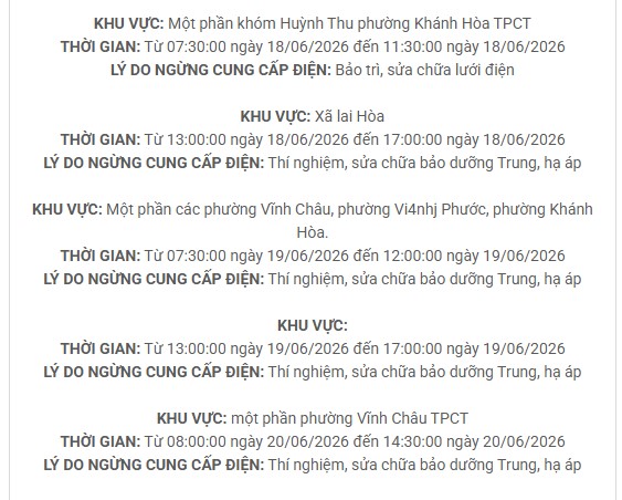 Lịch c&uacute;p điện TP. Cần Thơ (S&oacute;c Trăng cũ) từ ng&agrave;y 17 - 21/6/2026: Khu vực S&oacute;c Trăng, Nhu Gia, Mỹ T&uacute;, C&ugrave; Lao Dung, Vĩnh Ch&acirc;u,&hellip;sẽ nằm trong diện mất điện li&ecirc;n tục - Ảnh 6.