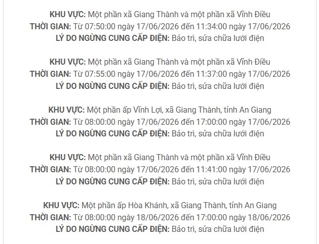 Lịch c&uacute;p điện An Giang (Ki&ecirc;n Giang cũ) từ ng&agrave;y 17 - 21/6/2026: C&uacute;p điện từ 7h đến 18h nhiều khu d&acirc;n cư - Ảnh 13.