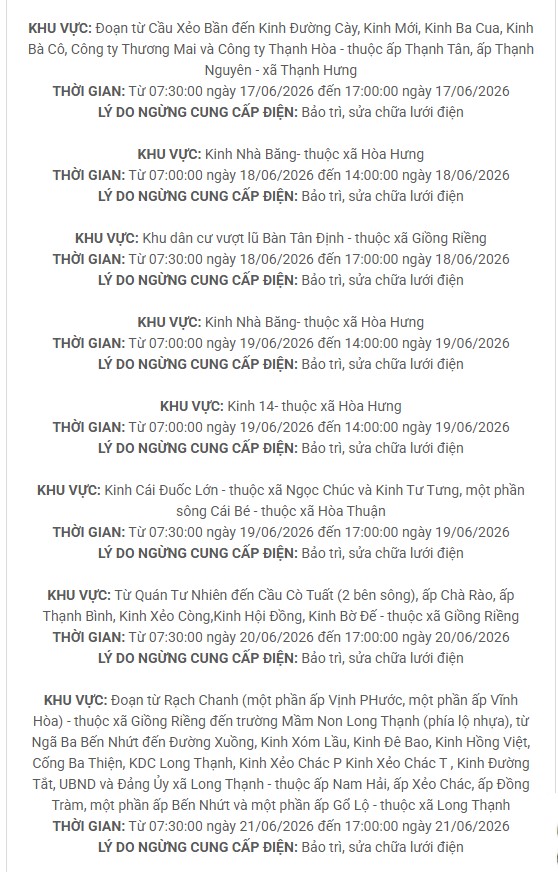Lịch c&uacute;p điện An Giang (Ki&ecirc;n Giang cũ) từ ng&agrave;y 17 - 21/6/2026: C&uacute;p điện từ 7h đến 18h nhiều khu d&acirc;n cư - Ảnh 9.