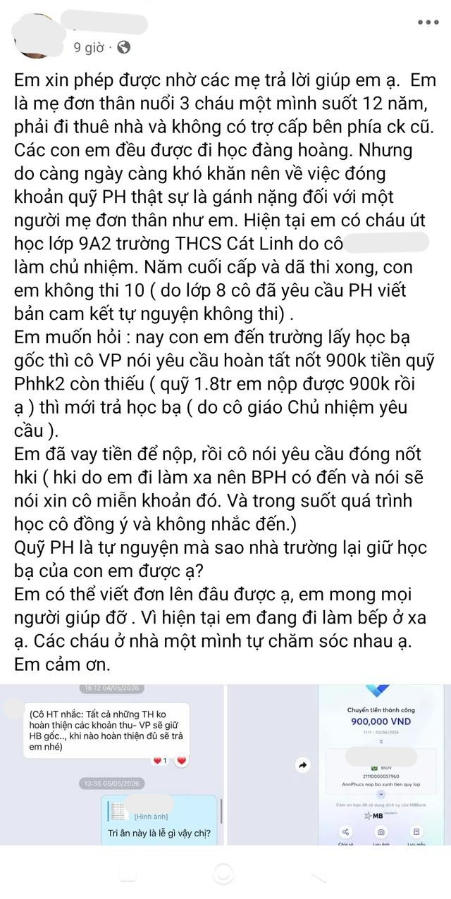 X&ocirc;n xao th&ocirc;ng tin trường THCS C&aacute;t Linh giữ học bạ học sinh v&igrave; phụ huynh chưa đ&oacute;ng quỹ lớp - Ảnh 1.