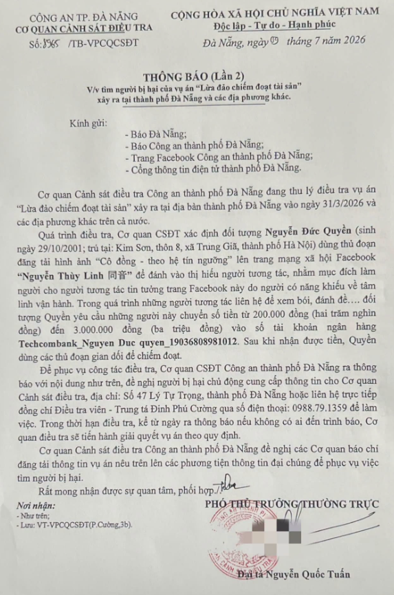 Ai từng xem bói, giải hạn trên không gian mạng qua tài khoản “Nguyễn Thùy Linh” cần liên hệ làm việc ngay với Công an - Ảnh 1.