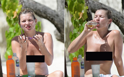 Siêu mẫu Kate Moss tự tin phơi ngực trần trên bãi biển ở tuổi 39