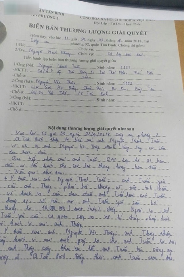 Biên bản xử lý vụ chủ nhiệm đoàn phim hành hung Thanh Tuấn (ảnh do nhân vật cung cấp)