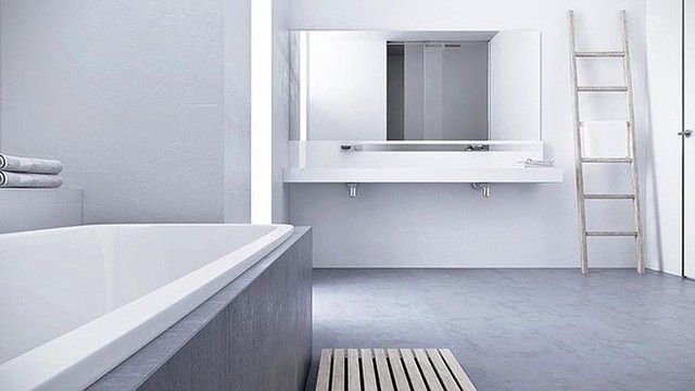 Phòng tắm đơn giản với tông màu xám - trắng chủ đạo của ngôi nhà.