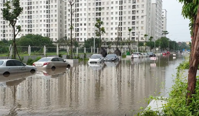 Chung cư ở Hà Nội ngập sâu, hàng loạt xế hộp bị nhấn chìm sau trận mưa lớn đầu tuần - Ảnh 2.