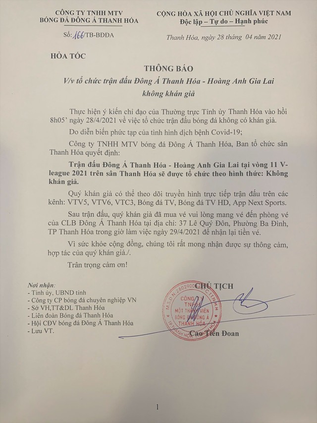 Thanh Hóa: Câu lạc bộ bóng đá Đông Á sẽ hoàn trả tiền vé do thi đấu không có khán giả - Ảnh 1.