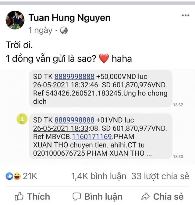 Ca sĩ Tuấn Hưng “bật ngửa” với fan ủng hộ 1 đồng chống dịch - Ảnh 1.