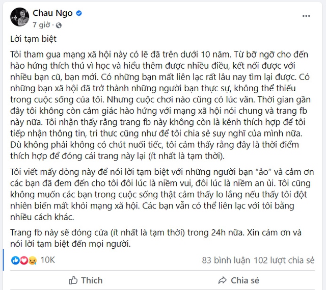 Giáo sư Ngô Bảo Châu tạm biệt bạn bè trên Facebook - Ảnh 2.