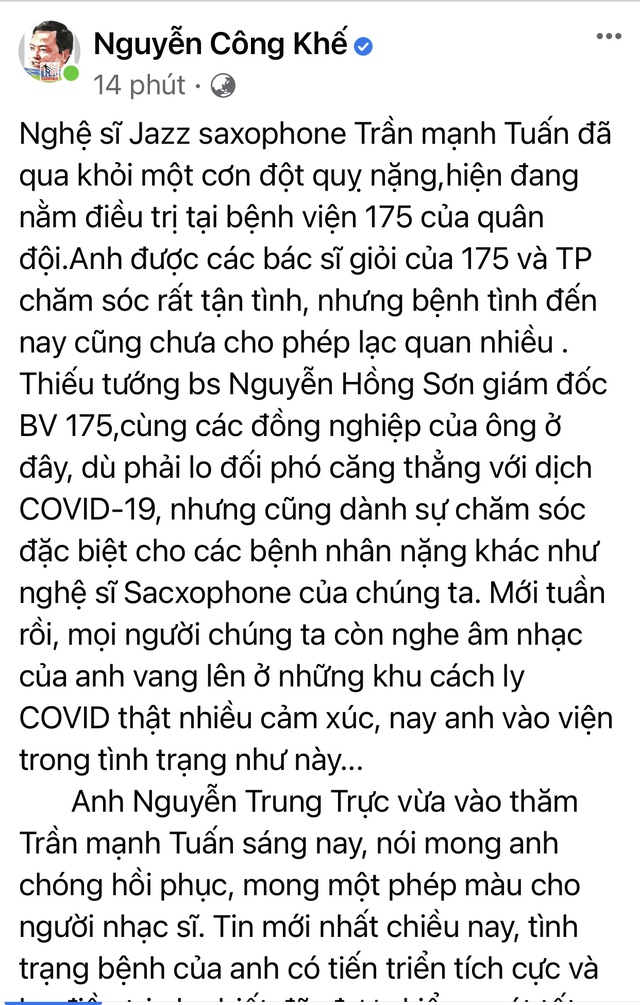 Nghệ sĩ Saxophone Trần Mạnh Tuấn bị đột quỵ, đã qua nguy kịch - Ảnh 1.