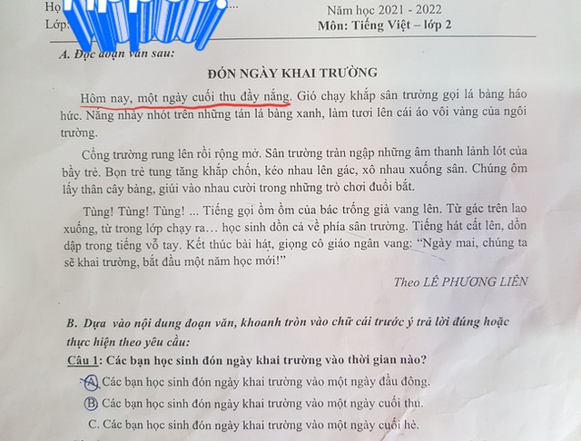 Tranh cãi bất ngờ xung quanh câu hỏi Khai giảng vào đầu thu hay cuối thu? từ đề thi Tiếng Việt lớp 2 - Ảnh 1.