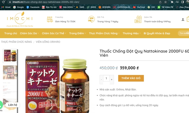 Tại website Emochi.vn, TPBVSK Orihiro NattoKinase capsules là &quot;thuốc chống đột quỵ&quot;...