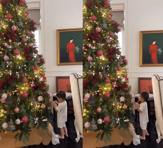 Con trai út Tăng Thanh Hà giúp mẹ trang trí cây thông Noel, khoảnh khắc đáng yêu ‘đốn tim’ công chúng - Ảnh 2.