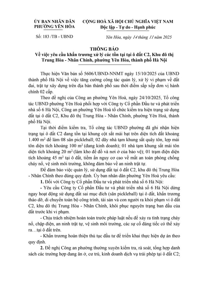 Hà Nội: Phường Yên Hòa ra 'tối hậu thư', yêu cầu xử lý nghiêm vi phạm tại ô đất C2 - Ảnh 2. Hà Nội: Phường Yên Hòa ra 'tối hậu thư', yêu cầu xử lý nghiêm vi phạm tại ô đất C2 - Ảnh 2.