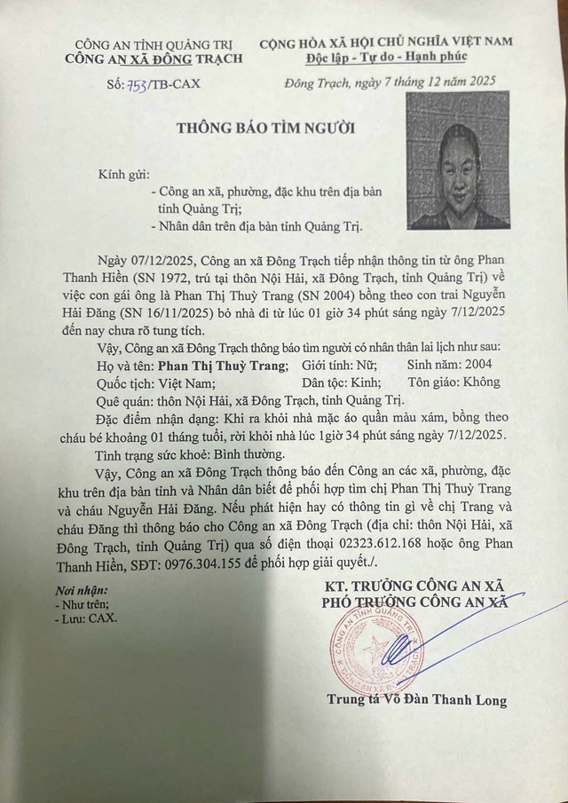 Người phụ nữ bế theo con sơ sinh rời nhà trong đêm rồi mất tích - Ảnh 1. Người phụ nữ bế theo con sơ sinh rời nhà trong đêm rồi mất tích - Ảnh 1.