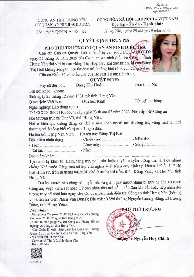 Công an Hưng Yên kêu gọi bị can Đặng Thị Huệ ra đầu thú để hưởng khoan hồng - Ảnh 1. Công an Hưng Yên kêu gọi bị can Đặng Thị Huệ ra đầu thú để hưởng khoan hồng - Ảnh 1.