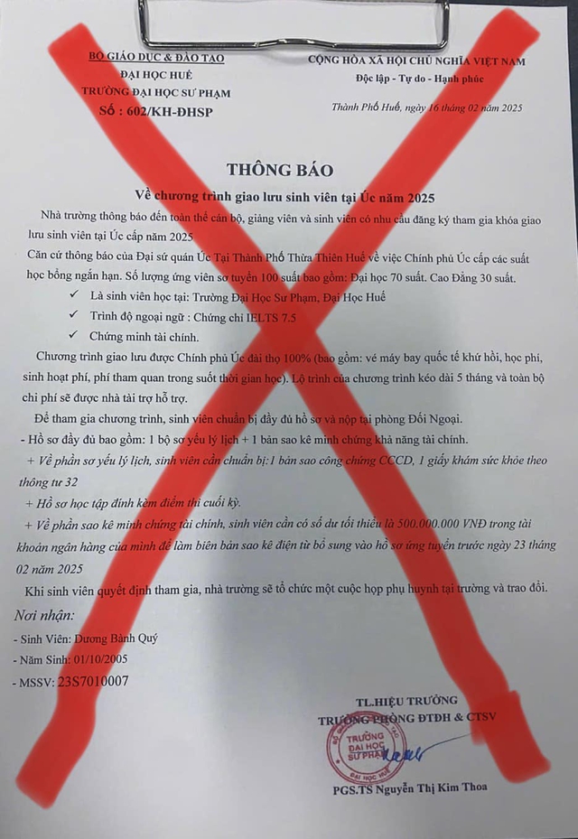 Mạo danh trường đại học ở Huế ra văn bản tổ chức chương trình giao lưu sinh viên - Ảnh 1.