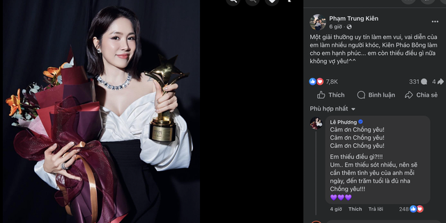 L&ecirc; Phương nhận giải thưởng Ng&ocirc;i sao xanh , chồng k&eacute;m tuổi Trung Ki&ecirc;n ch&uacute;c mừng - Ảnh 2.