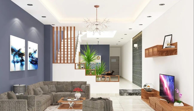 &Yacute; tưởng trang tr&iacute; ph&ograve;ng kh&aacute;ch nh&agrave; ống 5m c&oacute; cầu thang - Ảnh 3.