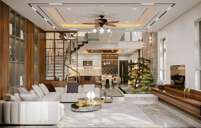 &Yacute; tưởng trang tr&iacute; ph&ograve;ng kh&aacute;ch nh&agrave; ống 5m c&oacute; cầu thang - Ảnh 2.