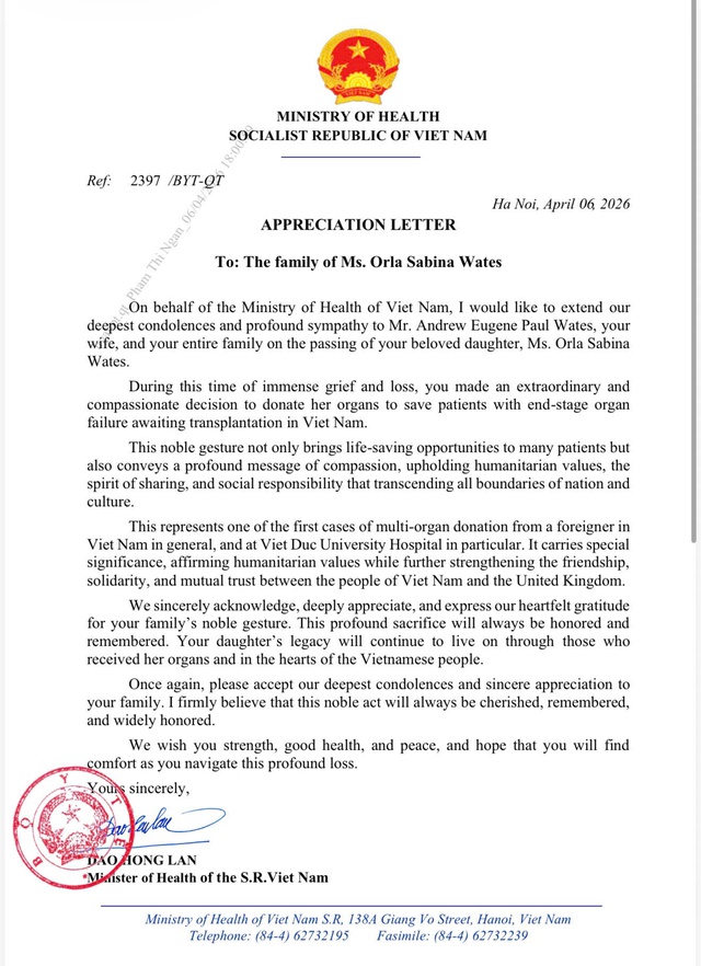 Tri ân gia đình thiếu nữ Anh hiến tạng, trao cơ hội sống cho 3 người Việt - Ảnh 3. Tri ân gia đình thiếu nữ Anh hiến tạng, trao cơ hội sống cho 3 người Việt - Ảnh 3.