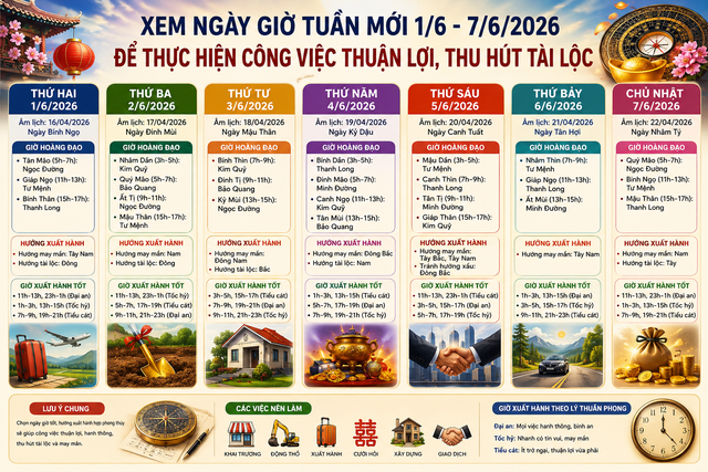 Xem ngày giờ tuần mới 1 / 6 - 7 / 6 / 2026 để thu hút tài lộc và may mắn - Ảnh 2. Xem ngày giờ tuần mới 1 / 6 - 7 / 6 / 2026 để thu hút tài lộc và may mắn - Ảnh 2.