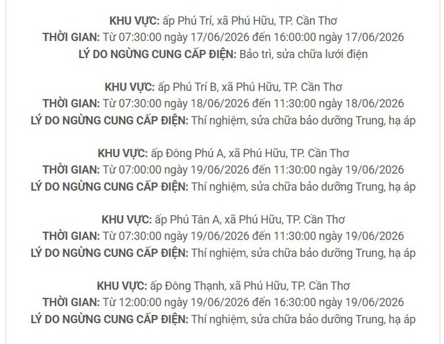 Lịch cúp điện TP. Cần Thơ (Hậu Giang cũ) từ ngày 17 - 21/6/2026: Nhiều hộ dân sáng sớm không còn điện để sử dụng - Ảnh 6.