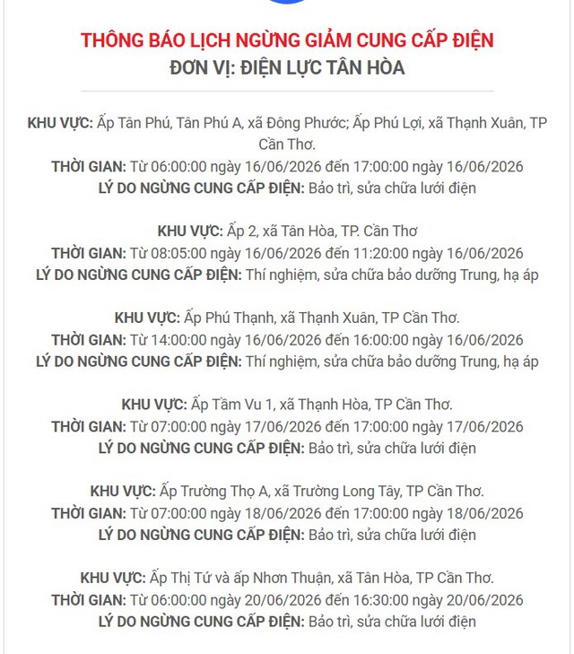 Lịch cúp điện TP. Cần Thơ (Hậu Giang cũ) từ ngày 17 - 21/6/2026: Nhiều hộ dân sáng sớm không còn điện để sử dụng - Ảnh 3.