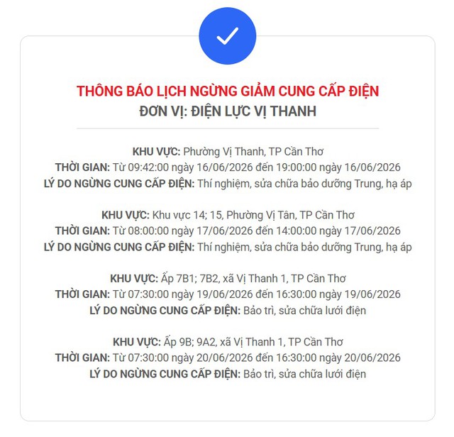Lịch cúp điện TP. Cần Thơ (Hậu Giang cũ) từ ngày 17 - 21/6/2026: Nhiều hộ dân sáng sớm không còn điện để sử dụng - Ảnh 2.